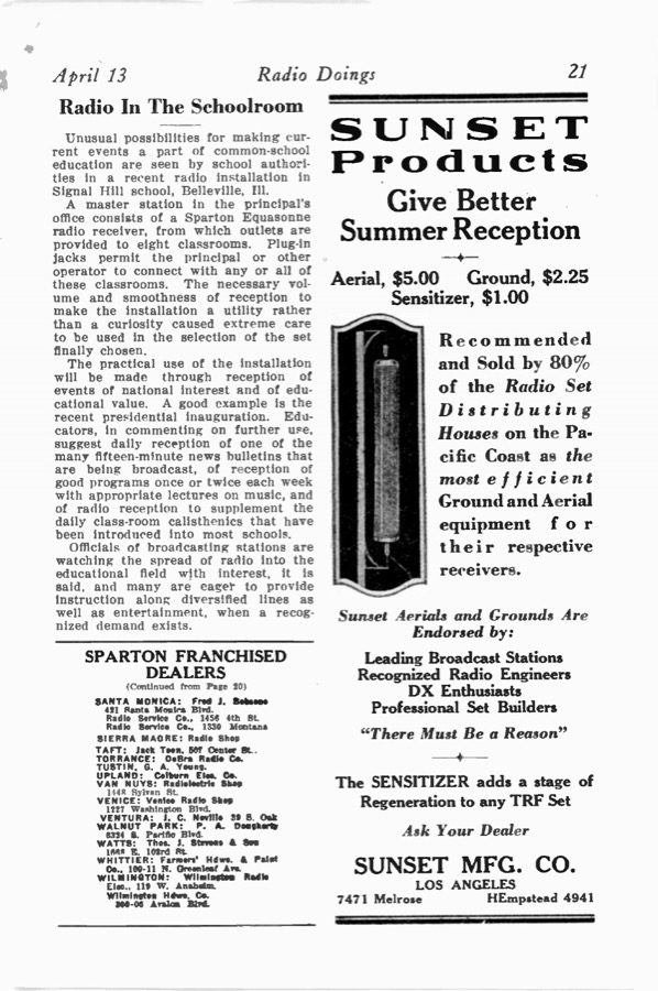 Radio Doings page from 1929 with the article Radio in the Schoolroom about Signal Hill School